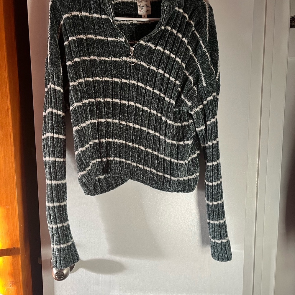 Hippie Rose Dark Green and White Striped Half-Zip Sweater